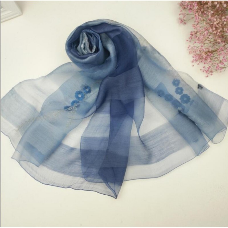 Wool Silk Scaves Blue Plaid Women Summer Scarf